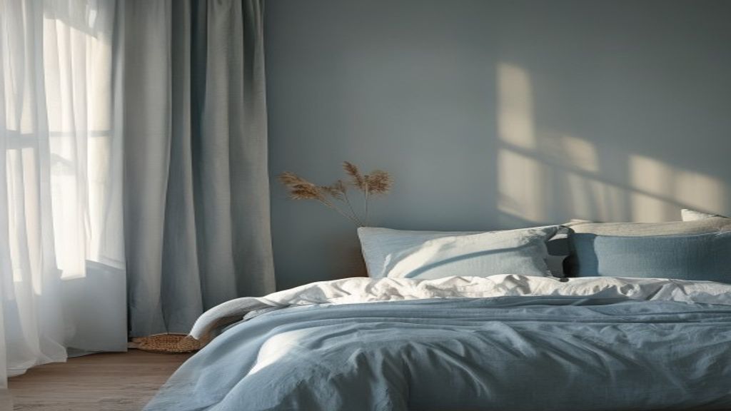 Mjuk morgonljus genom fönster på soligt sovrum med växt