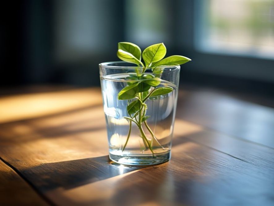 Glas vatten och växt på trä­bord i mjukt morgonljus