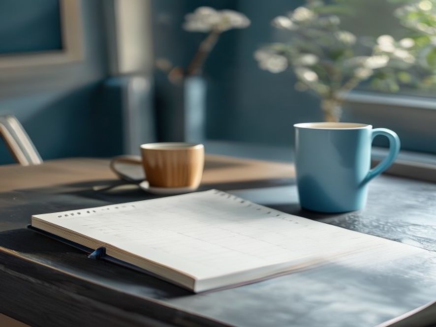 Inspirerande skrivbord med plannerbok och kaffe i lugn miljö